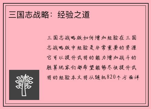 三国志战略：经验之道